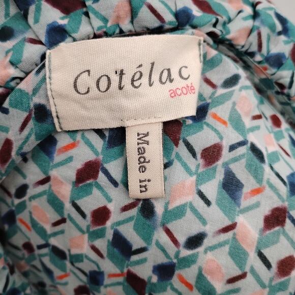 Cotelac Ruffle Top Blouse Button Up Geometric Print Art Deco Green Blue 1 Medium - Picture 5 of 6